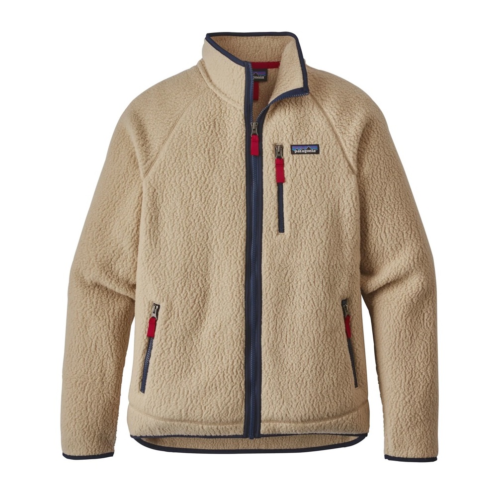 Patagonia Retro Pile Tan Fleece Jacket with Red and Blue Accents
